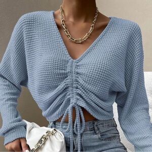 Blue Ruched Knit Sweater